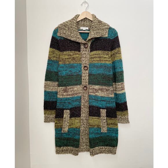 JohnPaulRichard Sweaters - y2k JohnPaulRichard Striped Cardigan Sweater Womens L Green Button-Front Duster
